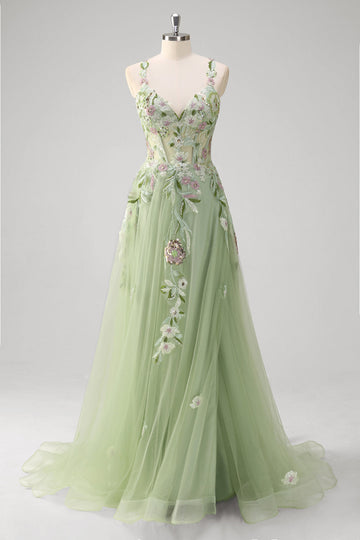 Verde paillettes una linea di tulle applique corsetto lungo abito da cerimonia con fessura